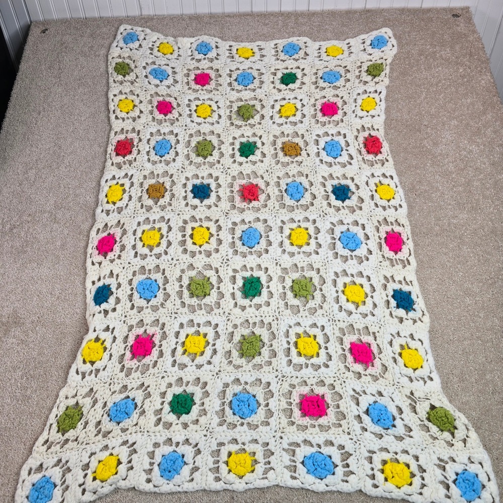 Vintage Handmade Crochet Granny Square Blanket Multi Color Cream Throw 30x42